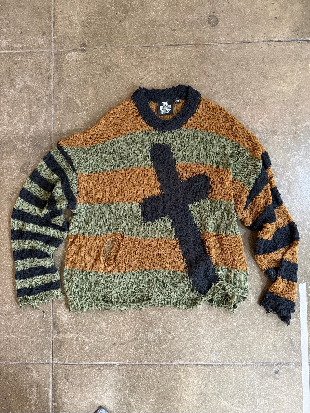Grunge style The Ragged Priest Cult olive & rust knit mesh top with cross L
